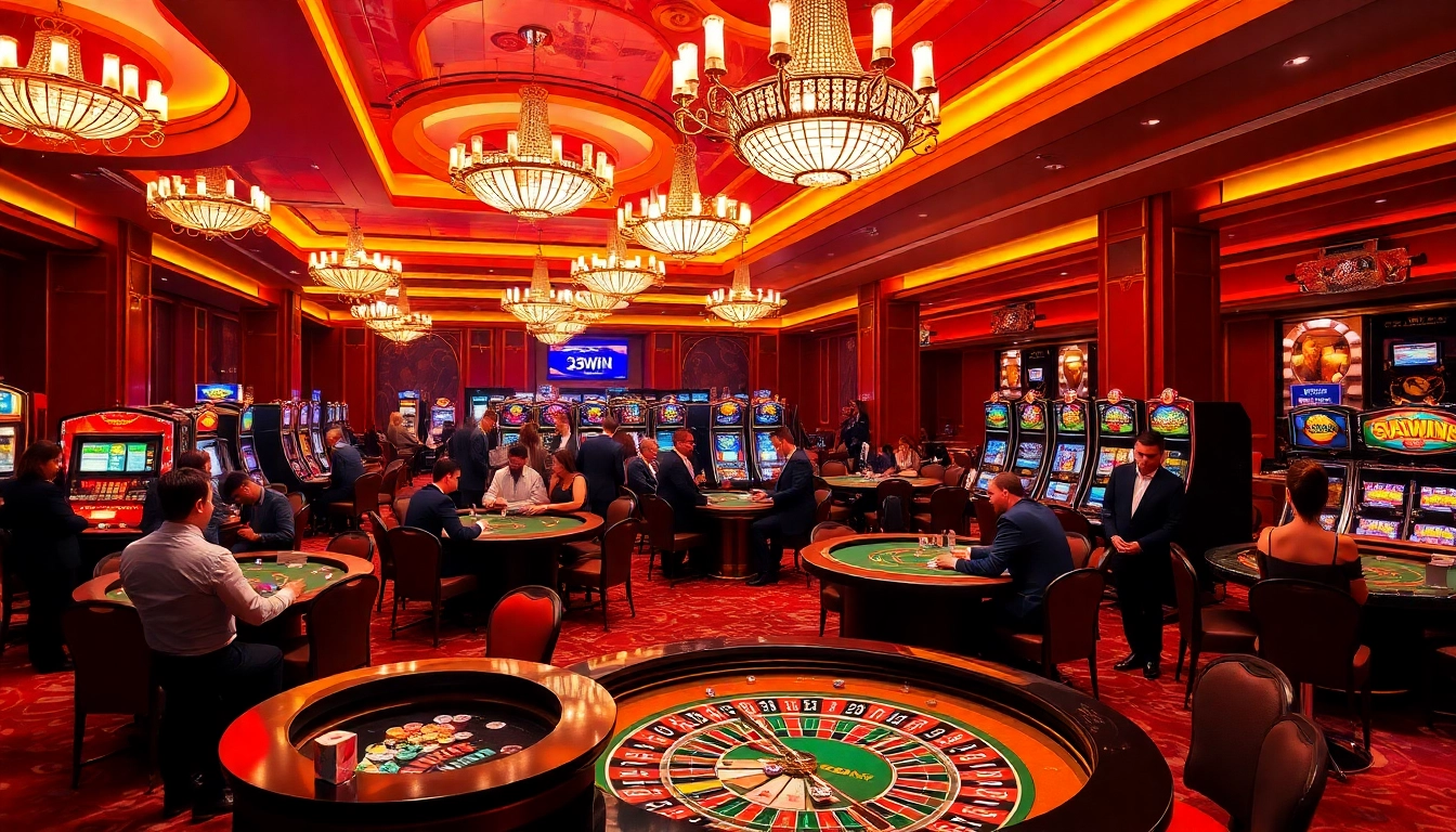 Players at 33WIN casino engage in thrilling roulette and poker games in a luxurious setting.