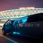 World Cup Group Transportation with a luxurious limousine at the LA stadium, showcasing excitement and comfort.