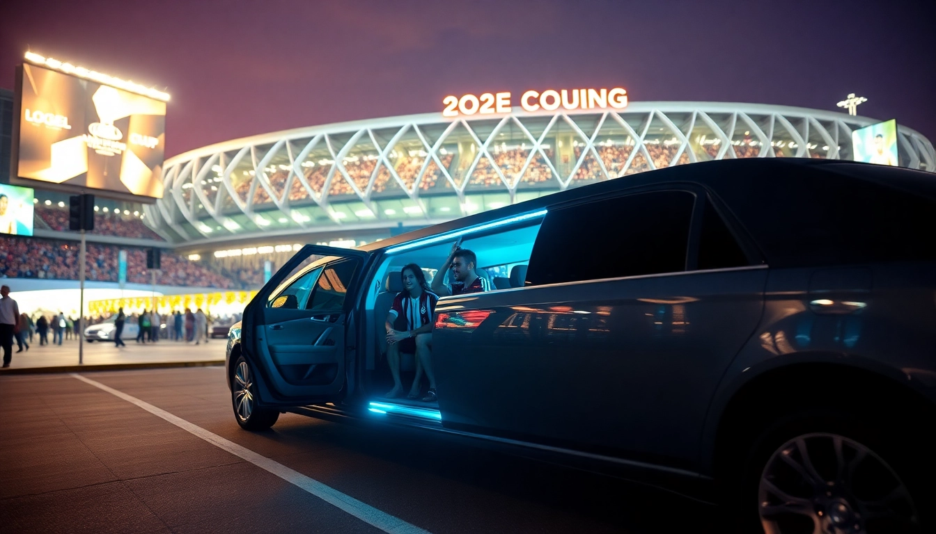 World Cup Group Transportation with a luxurious limousine at the LA stadium, showcasing excitement and comfort.