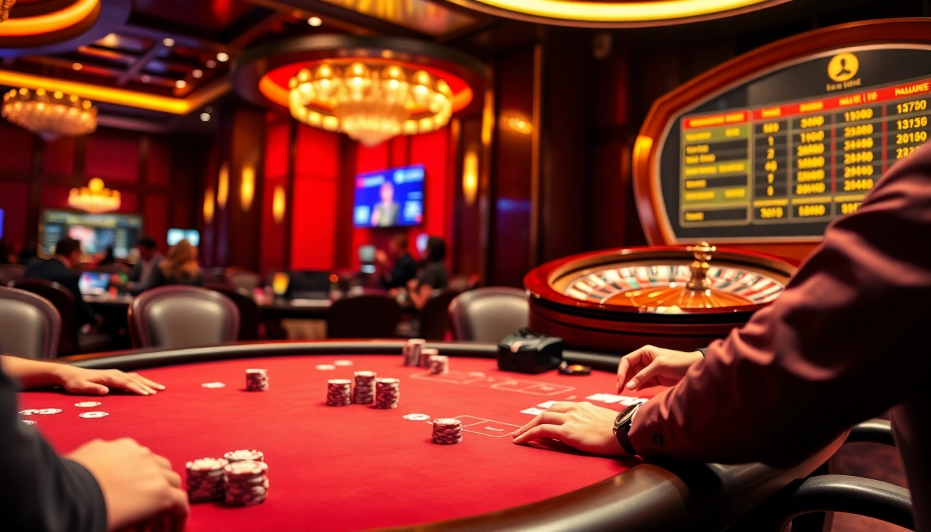 KJC casino players focusing on high-stakes poker, featuring luxurious gaming elements.