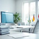 Professional certified translator at a modern desk with documents and dual monitors.