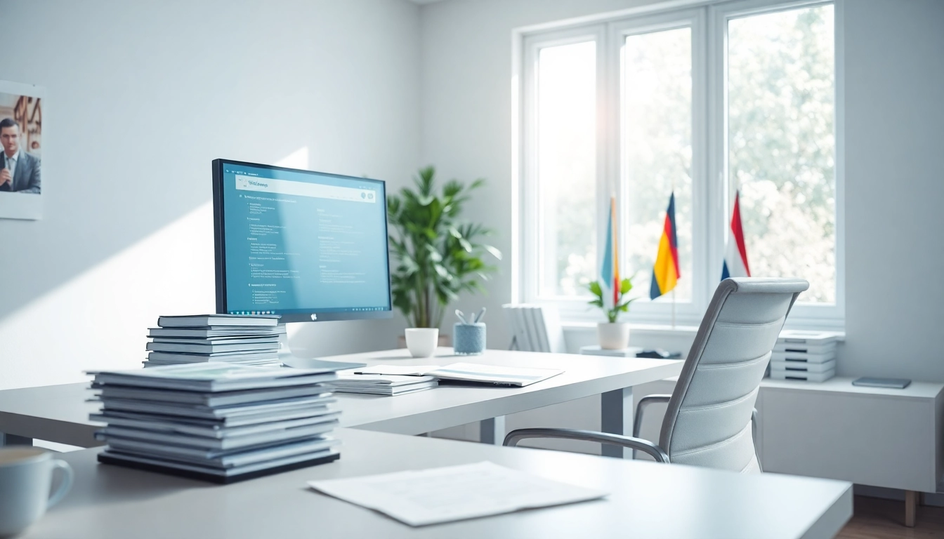 Professional certified translator at a modern desk with documents and dual monitors.