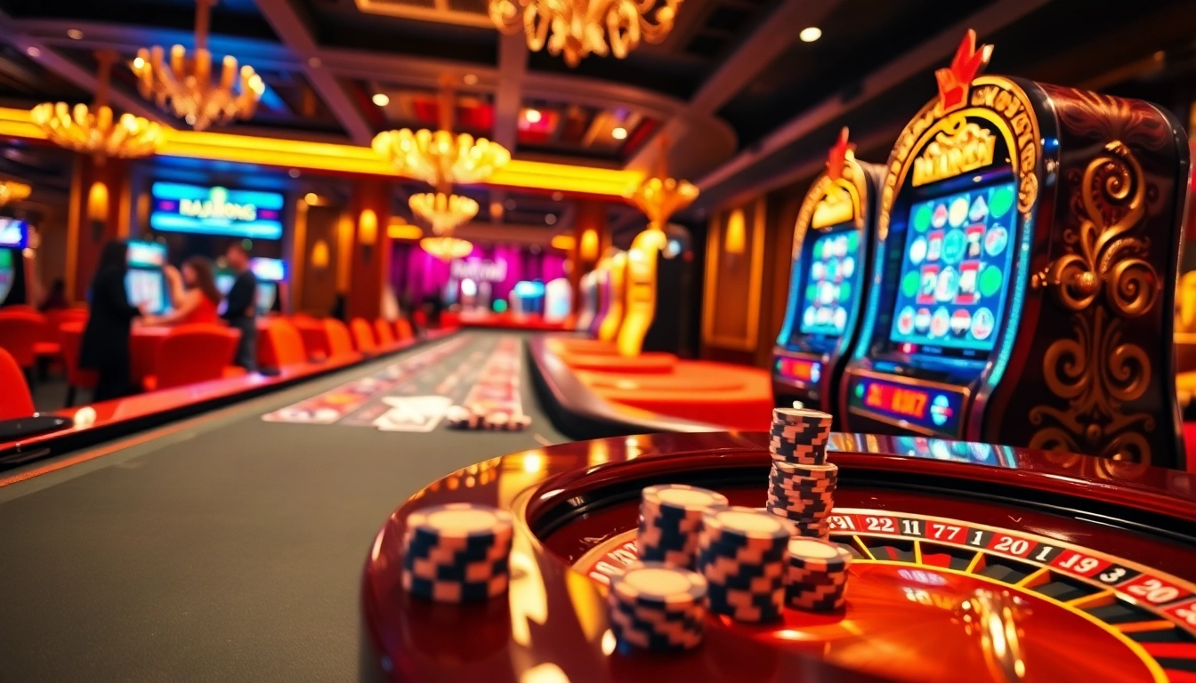 Experience the thrill of RAJABARONG with vibrant casino gaming elements including roulette and poker chips.