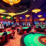 Experience the excitement of nohu90 in a vibrant casino atmosphere with tables and slot machines.