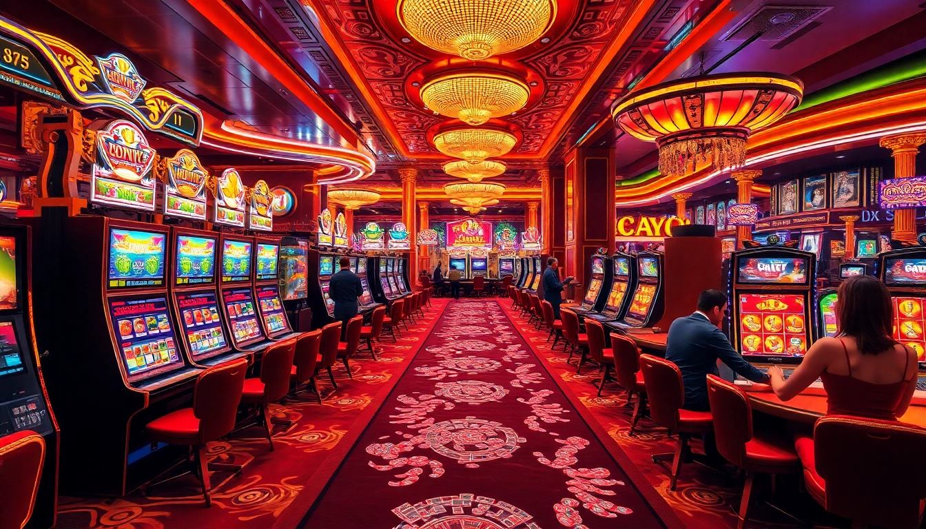Engaging scene of a 슬롯커뮤니티 with vibrant slot machines and joyful players at a luxurious casino.
