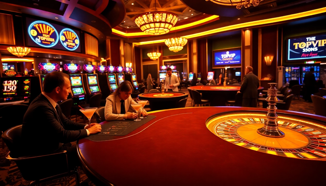 Exciting poker action at TOPVIP casino, showcasing professional players and vibrant atmosphere.