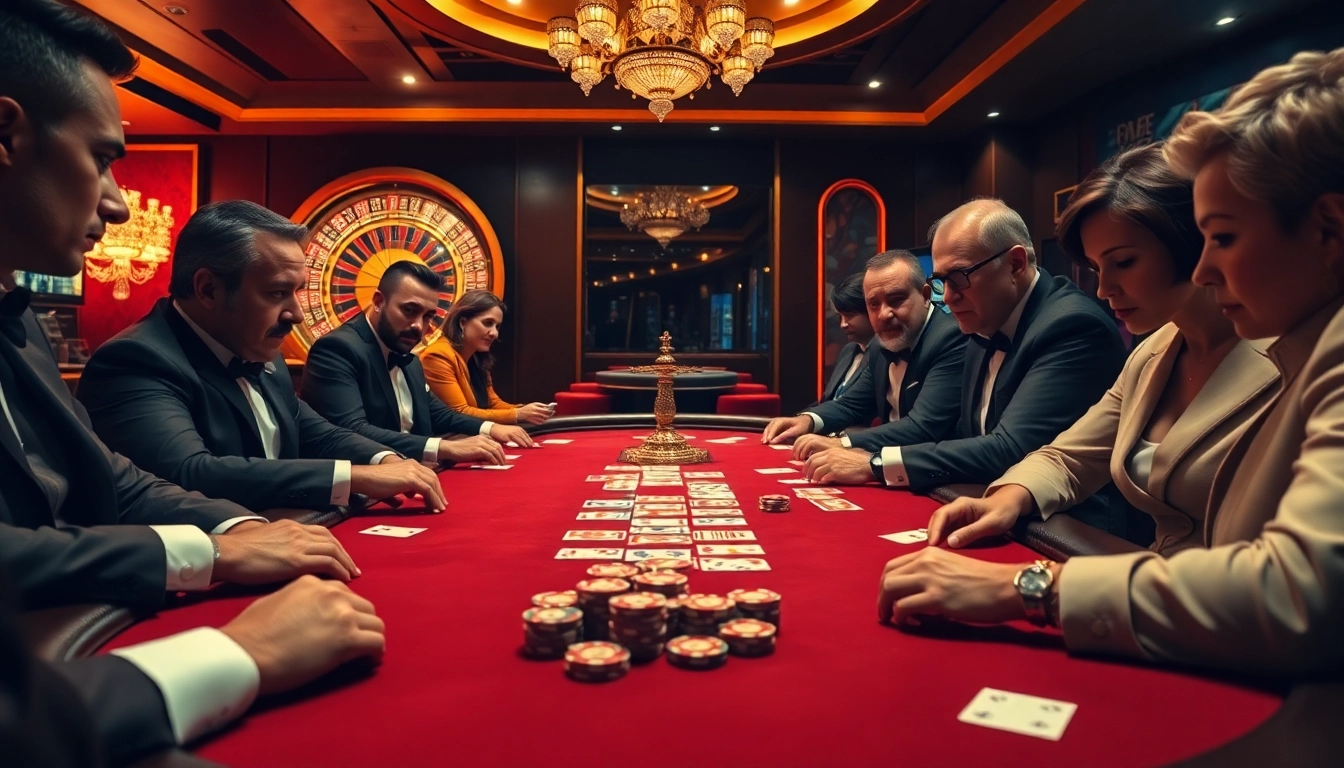 Engaged players strategize at a luxurious poker table, experiencing the thrill of win55 gambling.