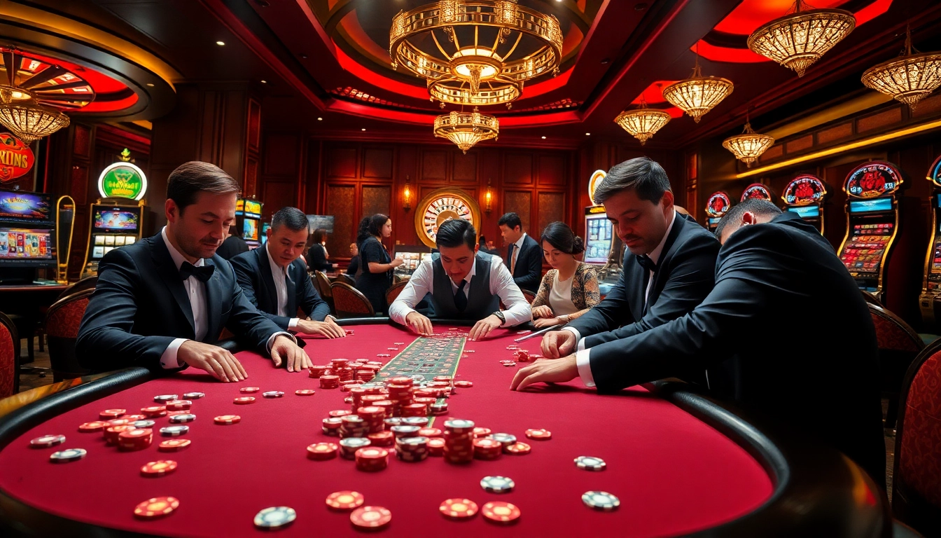 Experience excitement at the NK88 casino table featuring professional players and vibrant chips.