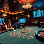 SBOBET players engaged at a vibrant casino table with poker chips and dice.