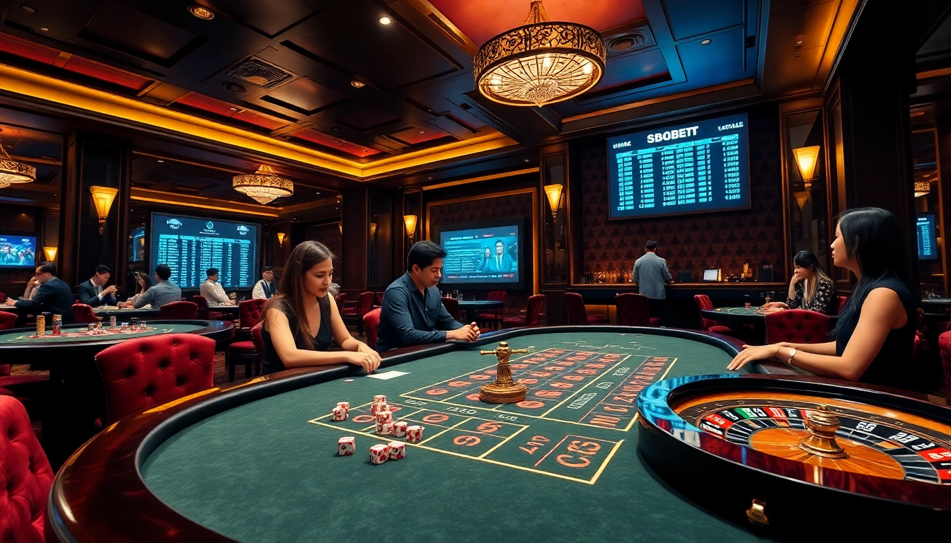 SBOBET players engaged at a vibrant casino table with poker chips and dice.