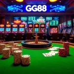 Engage in thrilling gameplay at GG88's luxurious casino featuring poker chips, cards, and slot machines.