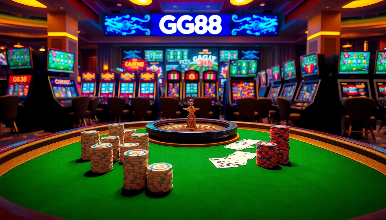 Engage in thrilling gameplay at GG88's luxurious casino featuring poker chips, cards, and slot machines.