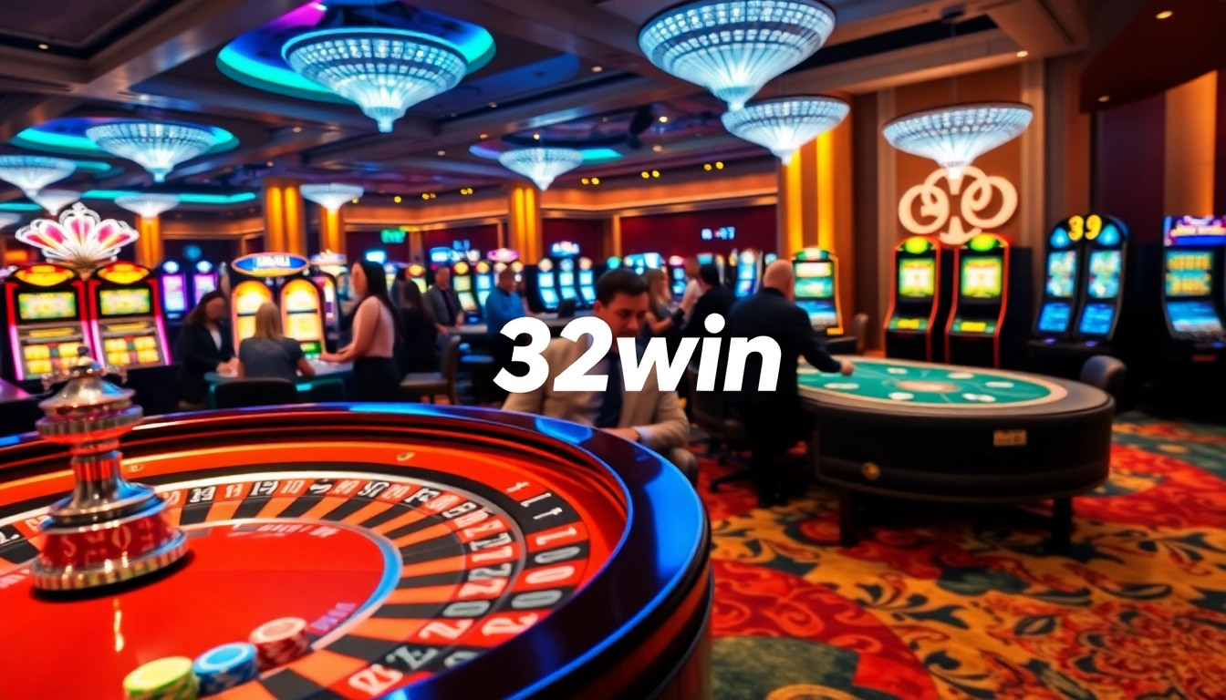 32win casino experience with vibrant slot machines and an exciting roulette table.
