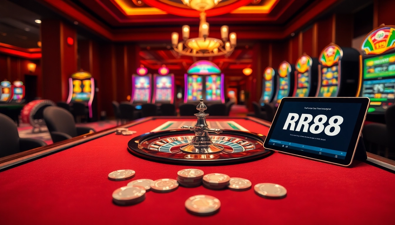 Exciting casino table scene featuring RR88 logo and vibrant roulette wheel.