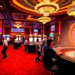 Experience the thrill of birutoto with players engaging at vibrant slot machines in an upscale casino.