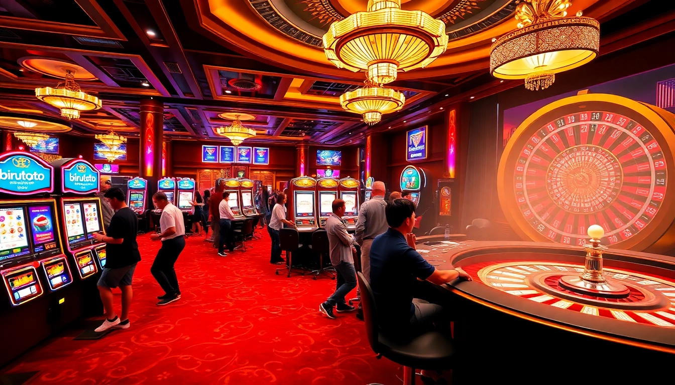Experience the thrill of birutoto with players engaging at vibrant slot machines in an upscale casino.