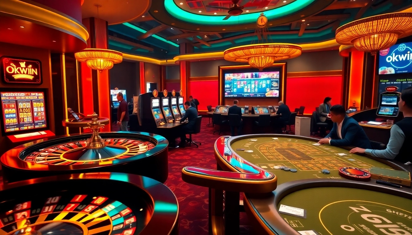 Experience Okwin gaming with players at colorful casino tables and vibrant online slots.