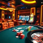 Engage with Lc88's thrilling casino experience featuring vibrant poker tables and slot machines.