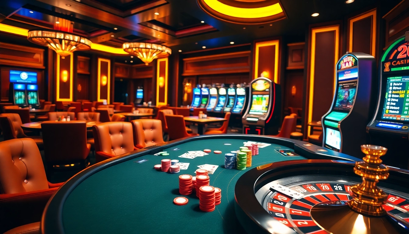 Engage with Lc88's thrilling casino experience featuring vibrant poker tables and slot machines.