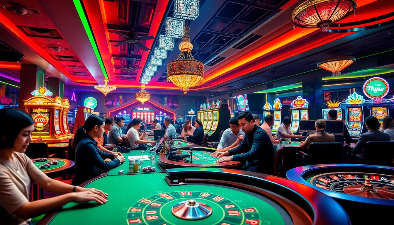 Experience the vibrant atmosphere of online gambling at http://hm88.blue/ with players enjoying poker and slots on a lively casino floor.