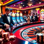 Experience the excitement at DR88 with a vibrant casino scene featuring roulette, poker chips, and lively players.