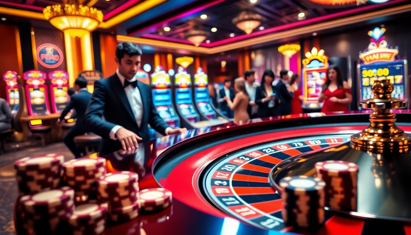 Experience the excitement at DR88 with a vibrant casino scene featuring roulette, poker chips, and lively players.