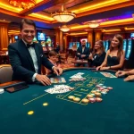 KJC gaming excitement at a poker table, showcasing vibrant chips and a professional dealer.