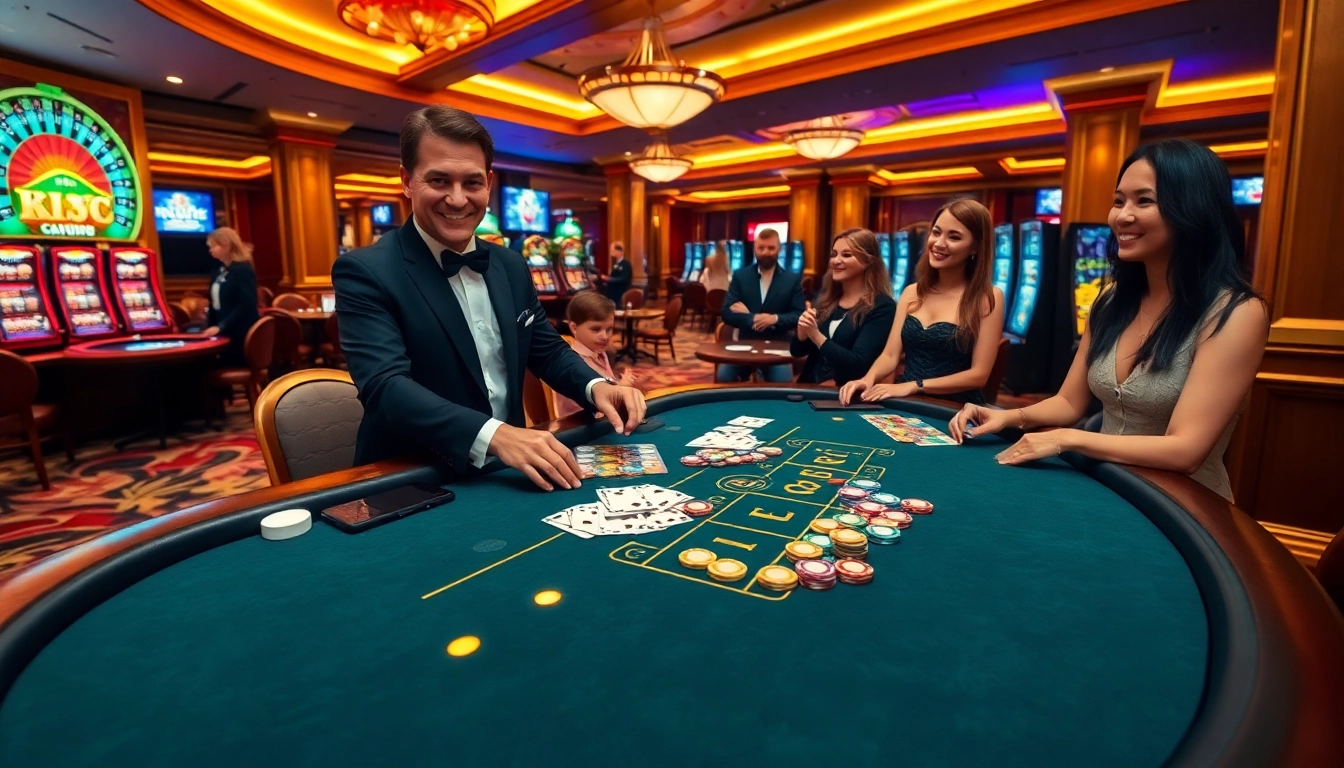 KJC gaming excitement at a poker table, showcasing vibrant chips and a professional dealer.