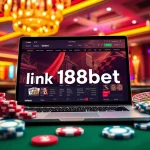 Link 188bet showcasing an exciting online gambling experience with casino elements like cards and chips.