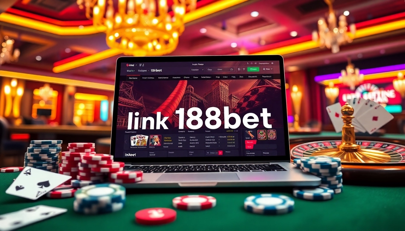 Link 188bet showcasing an exciting online gambling experience with casino elements like cards and chips.