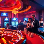 Experience the thrill of F168 with players at an upscale casino featuring roulette and poker tables.