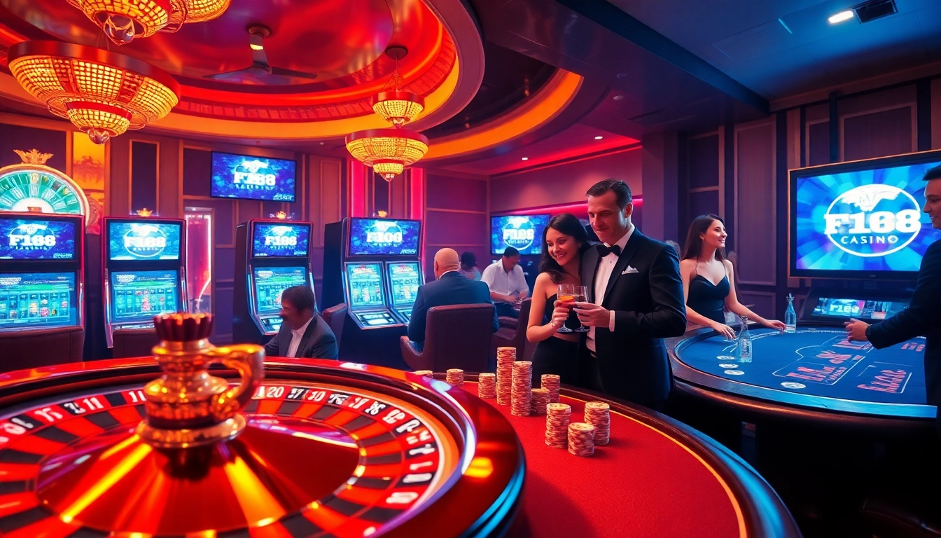 Experience the thrill of F168 with players at an upscale casino featuring roulette and poker tables.