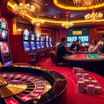 Experience the thrill of gambling at RR88 with vibrant slot machines and a roulette wheel.