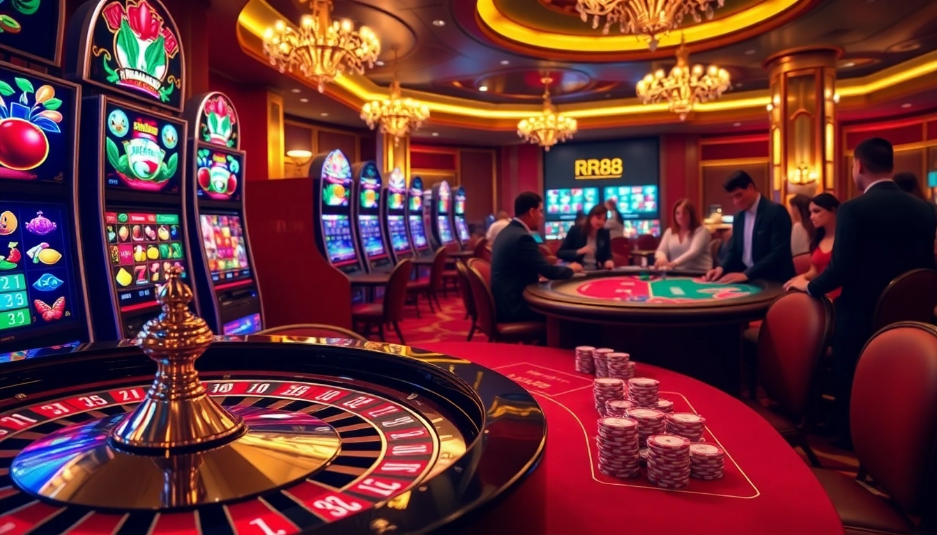 Experience the thrill of gambling at RR88 with vibrant slot machines and a roulette wheel.