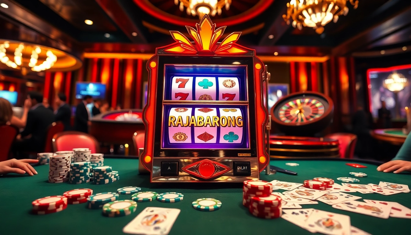 Experience the thrill of winning at RAJABARONG's vibrant slot machine in a luxurious casino.