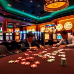 Engage in thrilling casino games at https://xx88.vin/ featuring poker chips, slot machines, and a roulette wheel.