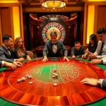 Jun88 players engaging in an intense blackjack game, showcasing excitement and luxury in a vibrant casino scene.
