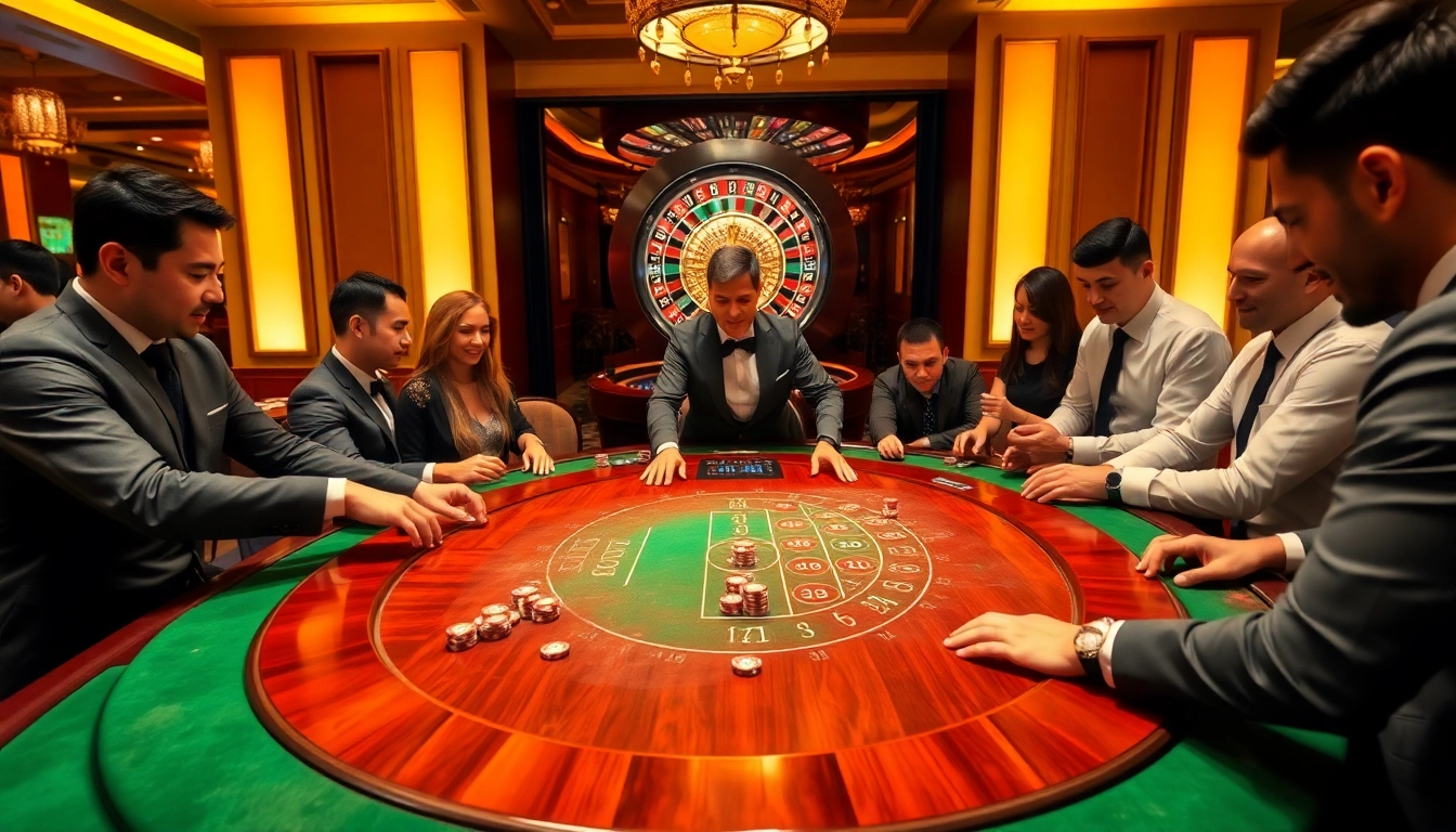 Jun88 players engaging in an intense blackjack game, showcasing excitement and luxury in a vibrant casino scene.