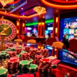 Exciting scene at https://123win.free/ with vibrant poker table and dynamic roulette wheel.