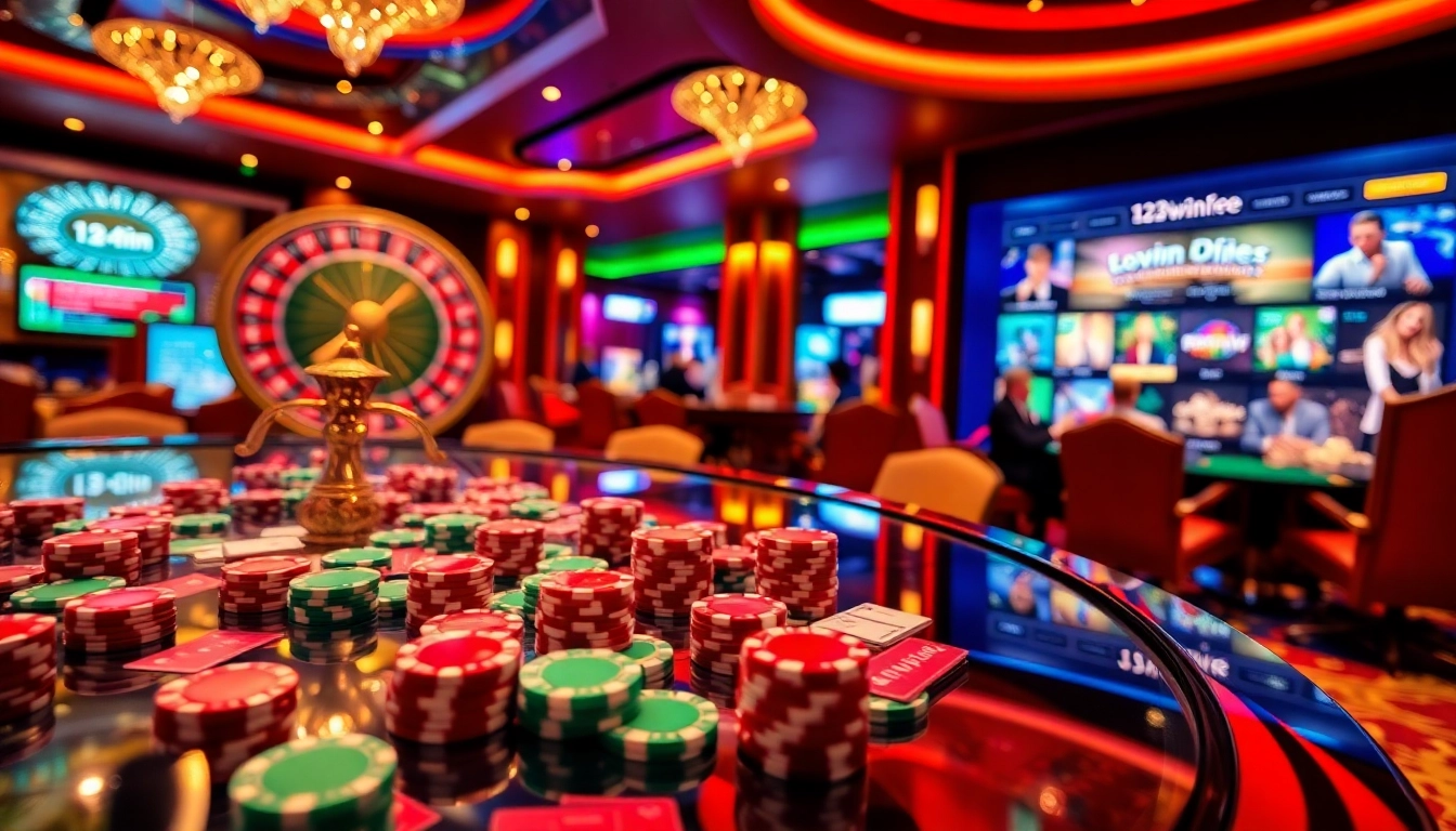 Exciting scene at https://123win.free/ with vibrant poker table and dynamic roulette wheel.