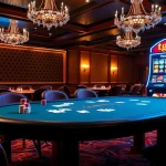 Action-packed tg88 gaming scene with a poker table and slot machine creating excitement.