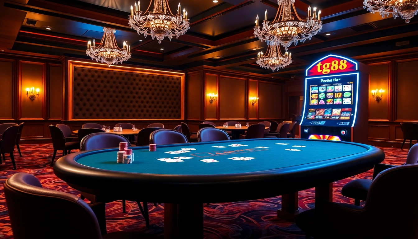 Action-packed tg88 gaming scene with a poker table and slot machine creating excitement.
