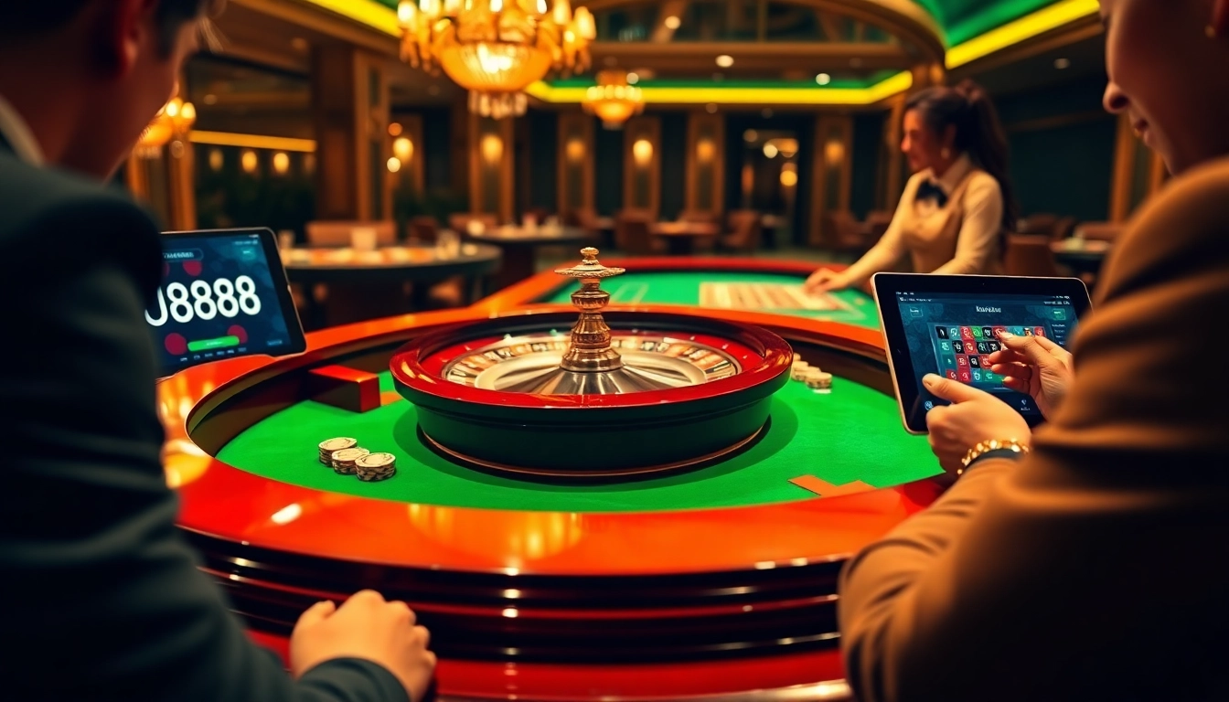 Experience exciting gameplay at U8888 with roulette, poker chips, and a vibrant casino atmosphere.