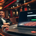 Login screen for Superbet displayed in a vibrant casino setting with gameplay elements.