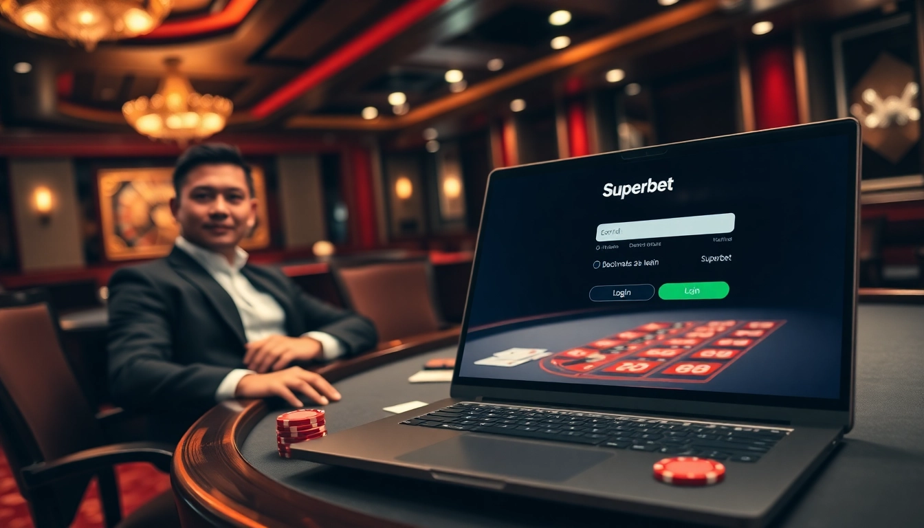 Login screen for Superbet displayed in a vibrant casino setting with gameplay elements.