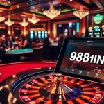 Enthusiastic gamblers enjoying games at https://98winn.it.com/ casino table illuminated by vibrant lights.
