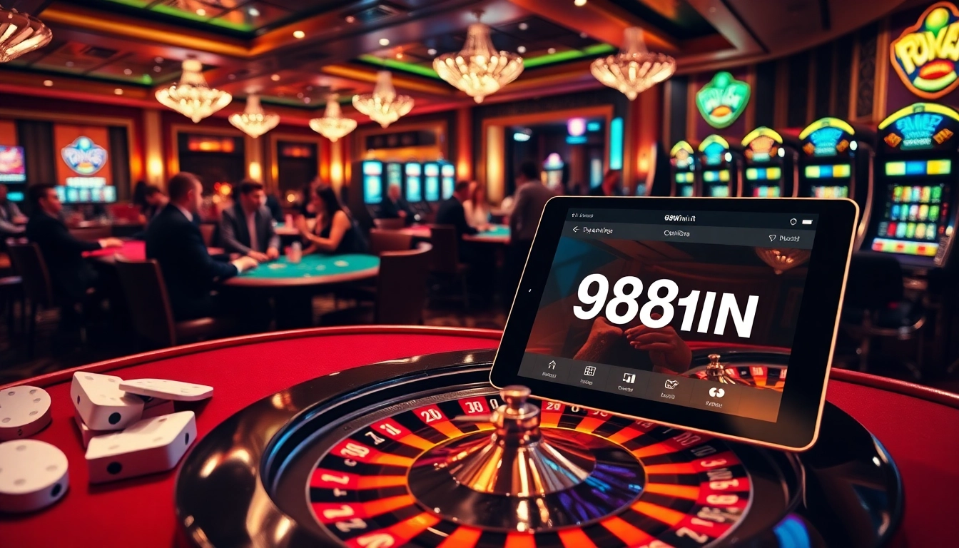 Enthusiastic gamblers enjoying games at https://98winn.it.com/ casino table illuminated by vibrant lights.