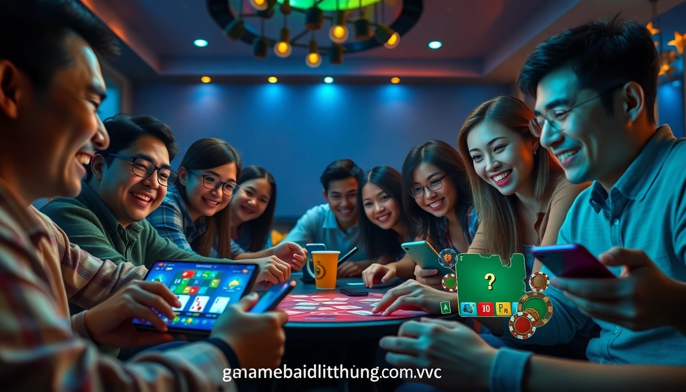 Engaging players enjoying online card games at gamebaidoithuong.com.vc with vibrant graphics and dynamic devices.