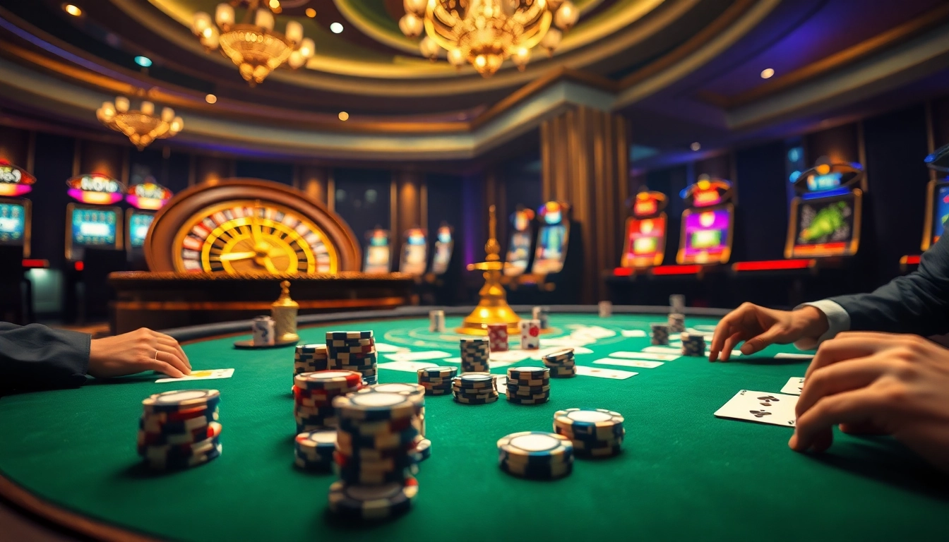 Experience thrilling gameplay at Trang chủ Debet with vibrant casino visuals of poker chips and roulette.