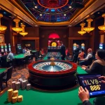 Experience the thrill of LV88 gambling with vibrant casino tables, poker chips, and a spinning roulette wheel.